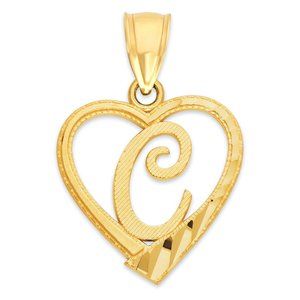 10K Gold Heart Initial "C" Pendant - Diamond Cut Letter Charm for Necklace